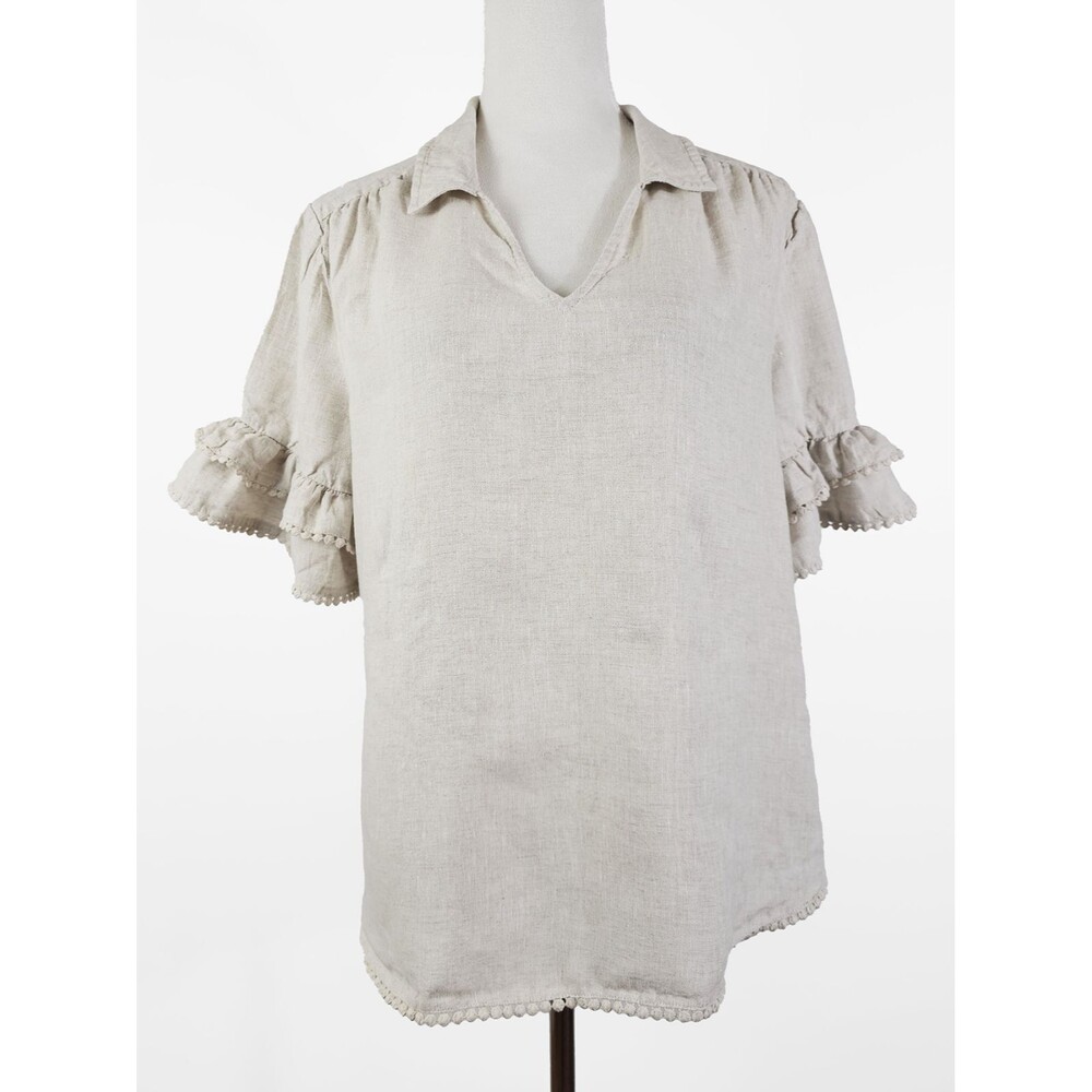 Chicos Size 2/US12 100% Linen Ruffle Sleeve Pom Pom Trim Blouse Beige Tan